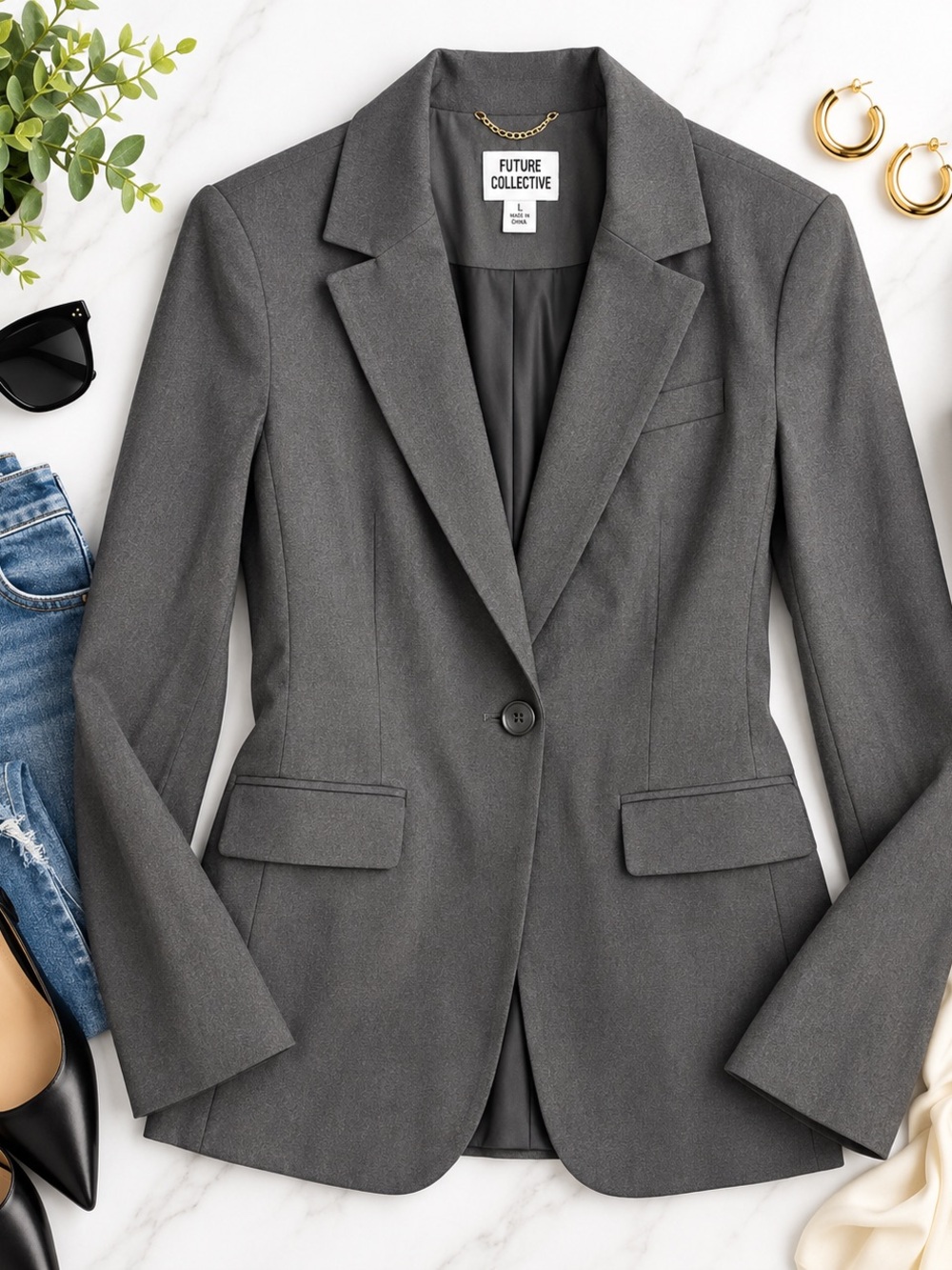 Future Collective Gray Tailored Blazer Size Large Single Button Career Jacket